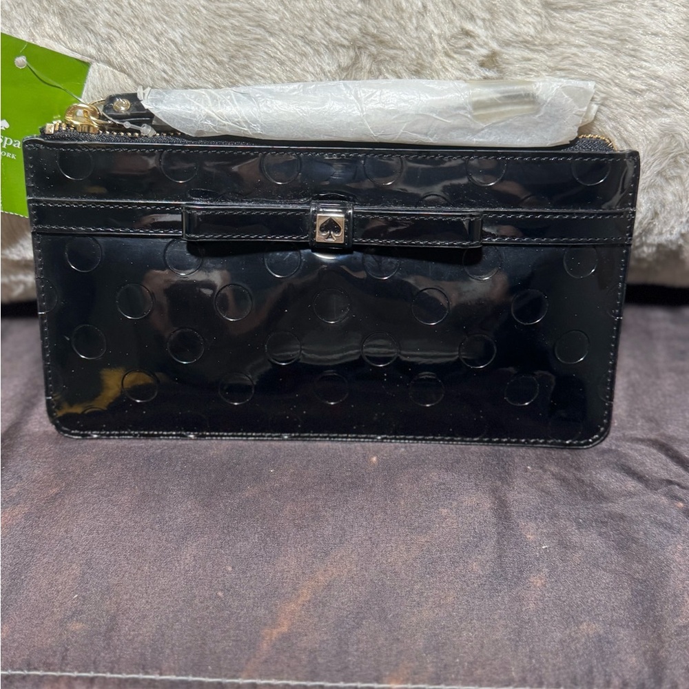 Kate Spade Glossy Black Polka Dot Clutch